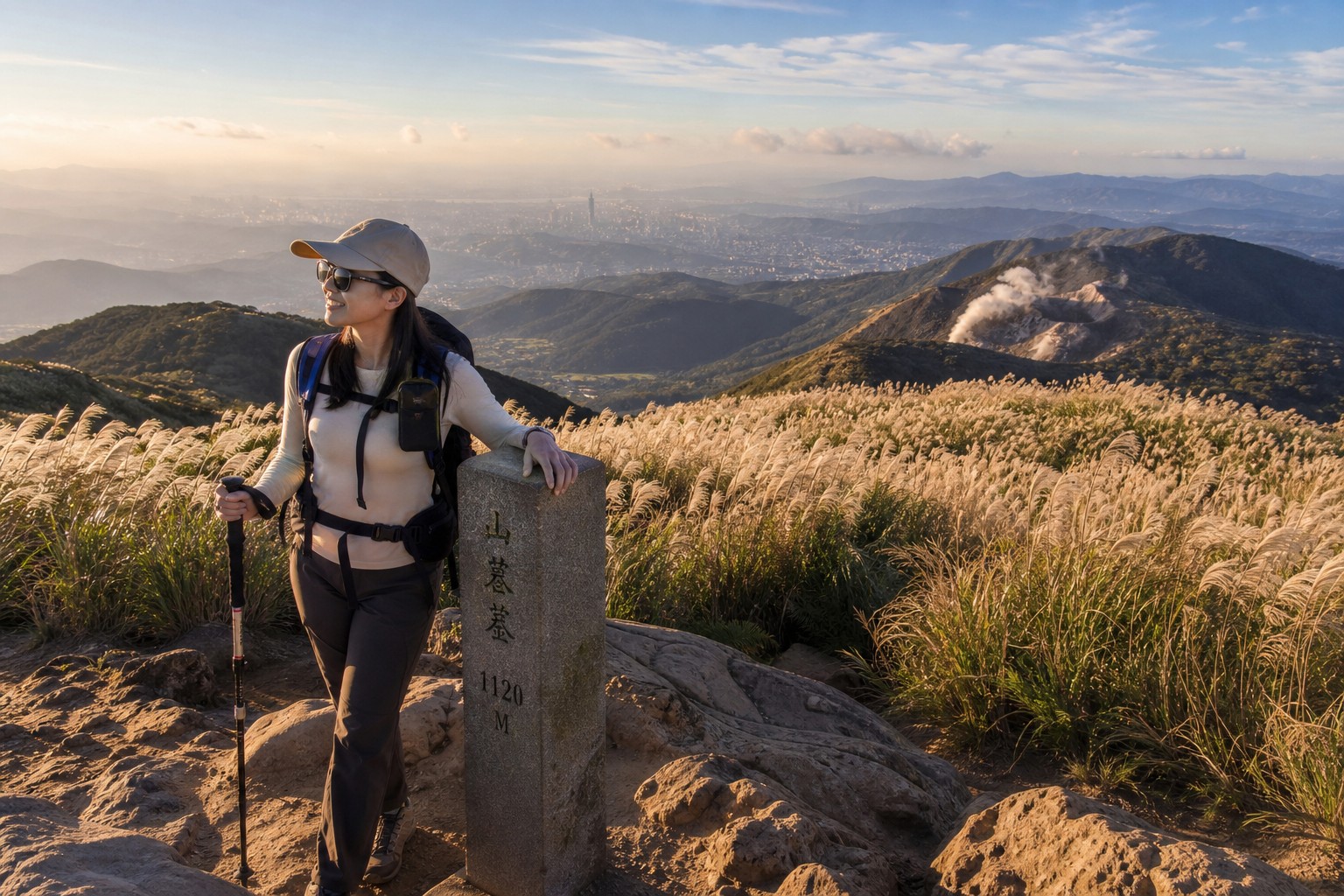 七星山主峰:1120 公尺台北最高峰,秋芒鋪滿火山山坡,遠方可見小油坑噴氣孔白煙(AI 生成示意圖)