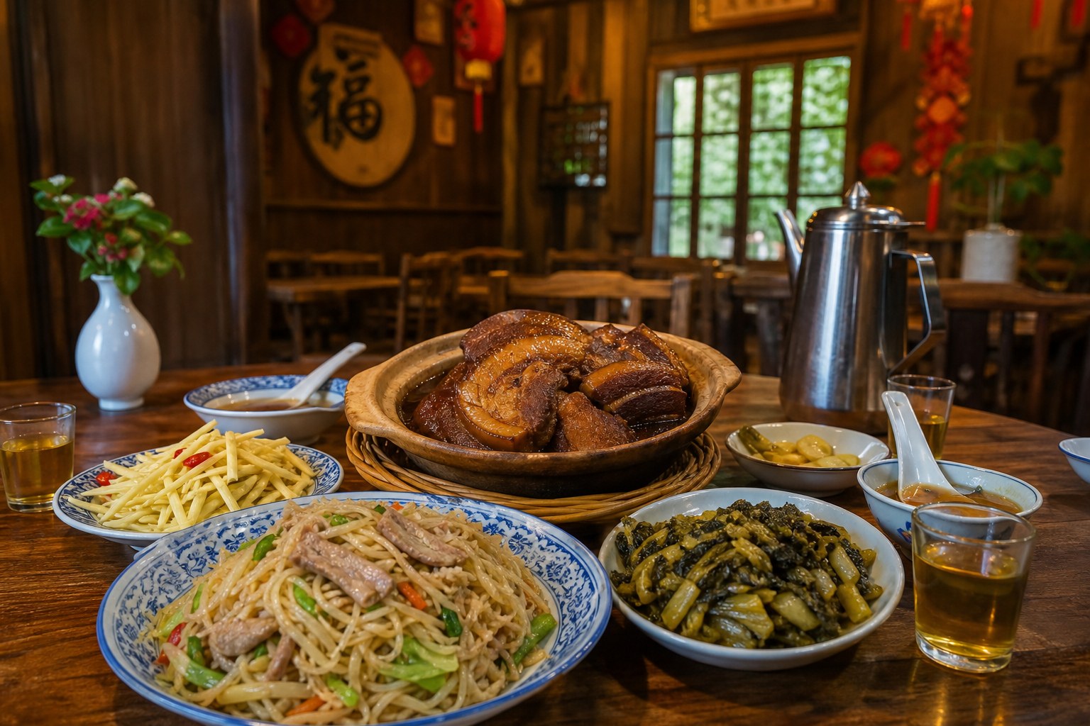 九湖莊等客家餐館的封肉、炒粄條、薑絲大腸配杭菊茶,是賞完花最滿足的客庄味(AI 生成示意圖)