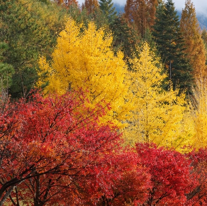 【AI生成示意圖】武陵農場秋季山谷，楓紅與金黃銀杏並列的南谷景致