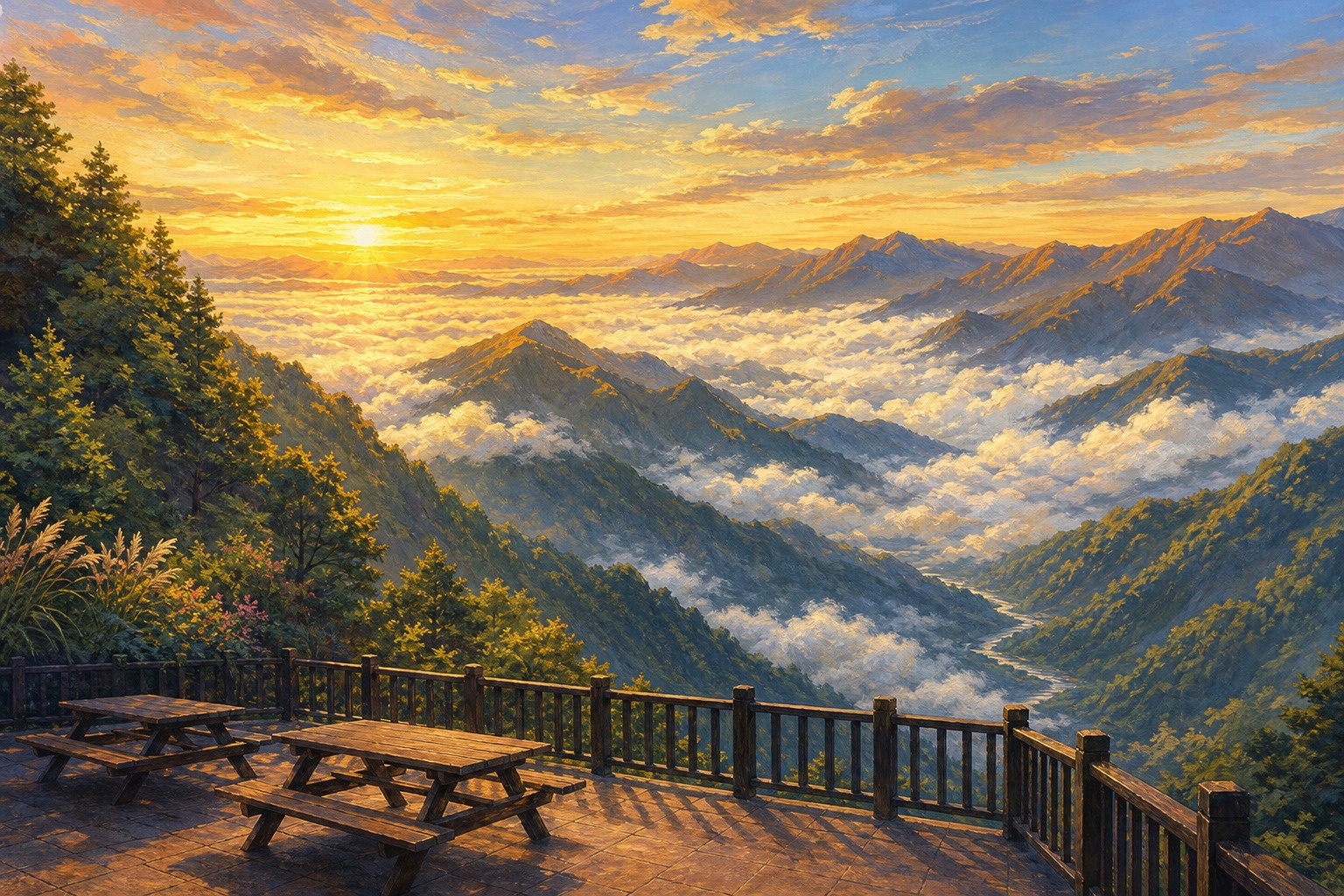 【AI生成示意圖】宇老觀景台晨光雲海:層層山巒浮出雲海,木造觀景平台面向金黃晨光