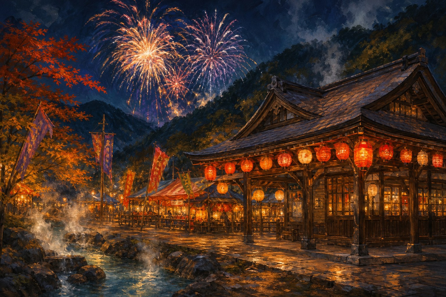 【AI生成示意圖】安通驛站浴衣嘉年華：日式木造建築掛滿紅燈籠，祭典攤位燈火與夜空煙火交織