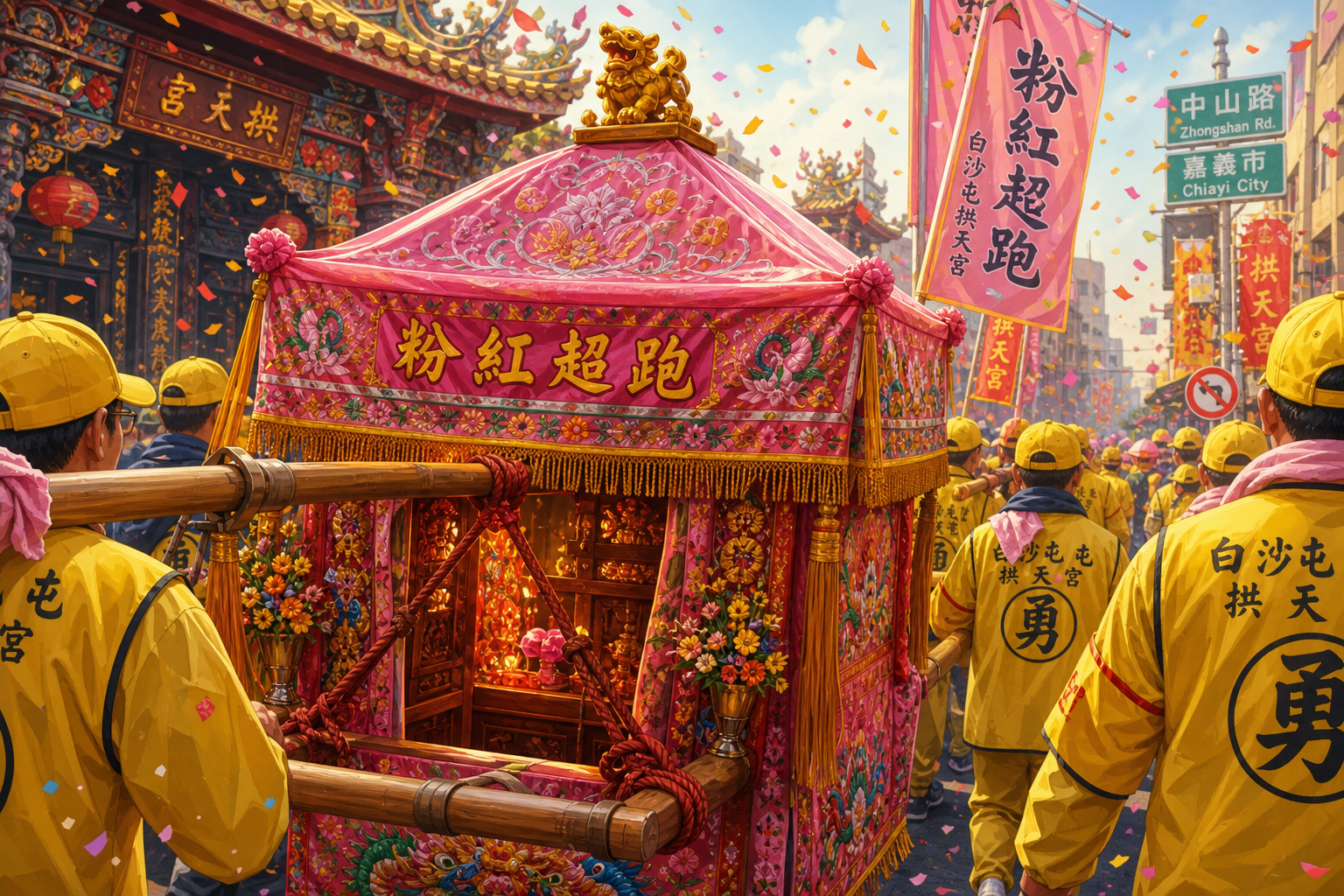 【AI生成示意圖】白沙屯媽祖「粉紅超跑」鑾轎在嘉義市區街巷巡行賜福的熱鬧場景。