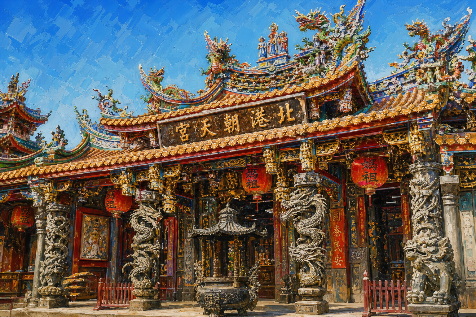 北港朝天宮,傳統中國廟宇建築,龍柱與交趾陶裝飾,紅燈籠高掛