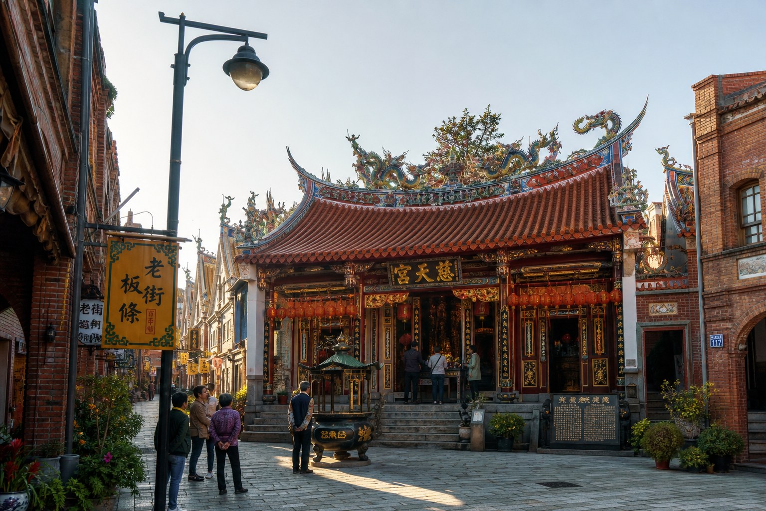 北埔老街慈天宮前的廟埕與紅磚老街屋，客家小鎮的信仰中心（AI 生成示意圖）