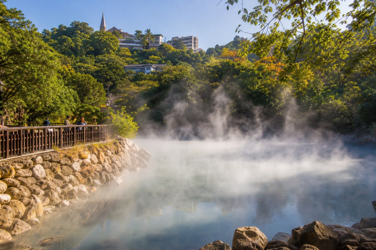 地熱谷終年硫磺煙霧瀰漫，環湖步道可近距離感受青磺泉的蒸氣