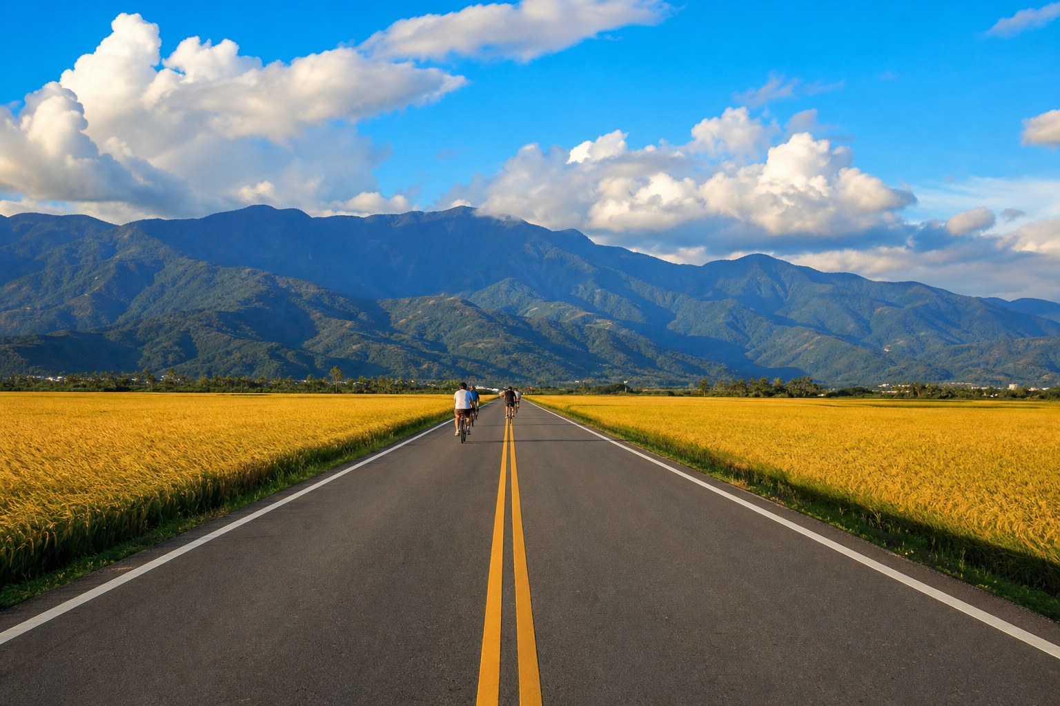 秋收時節的伯朗大道,筆直的田園公路兩旁是隨風翻湧的金黃稻浪,遠方是海岸山脈與中央山脈