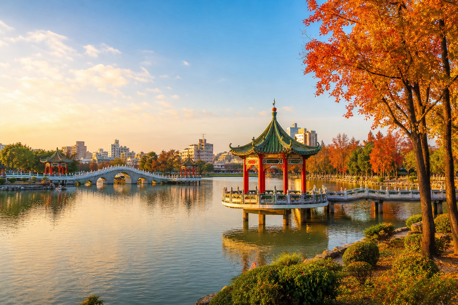 北香湖公園日間景觀，湖面與中式涼亭（情境示意圖）