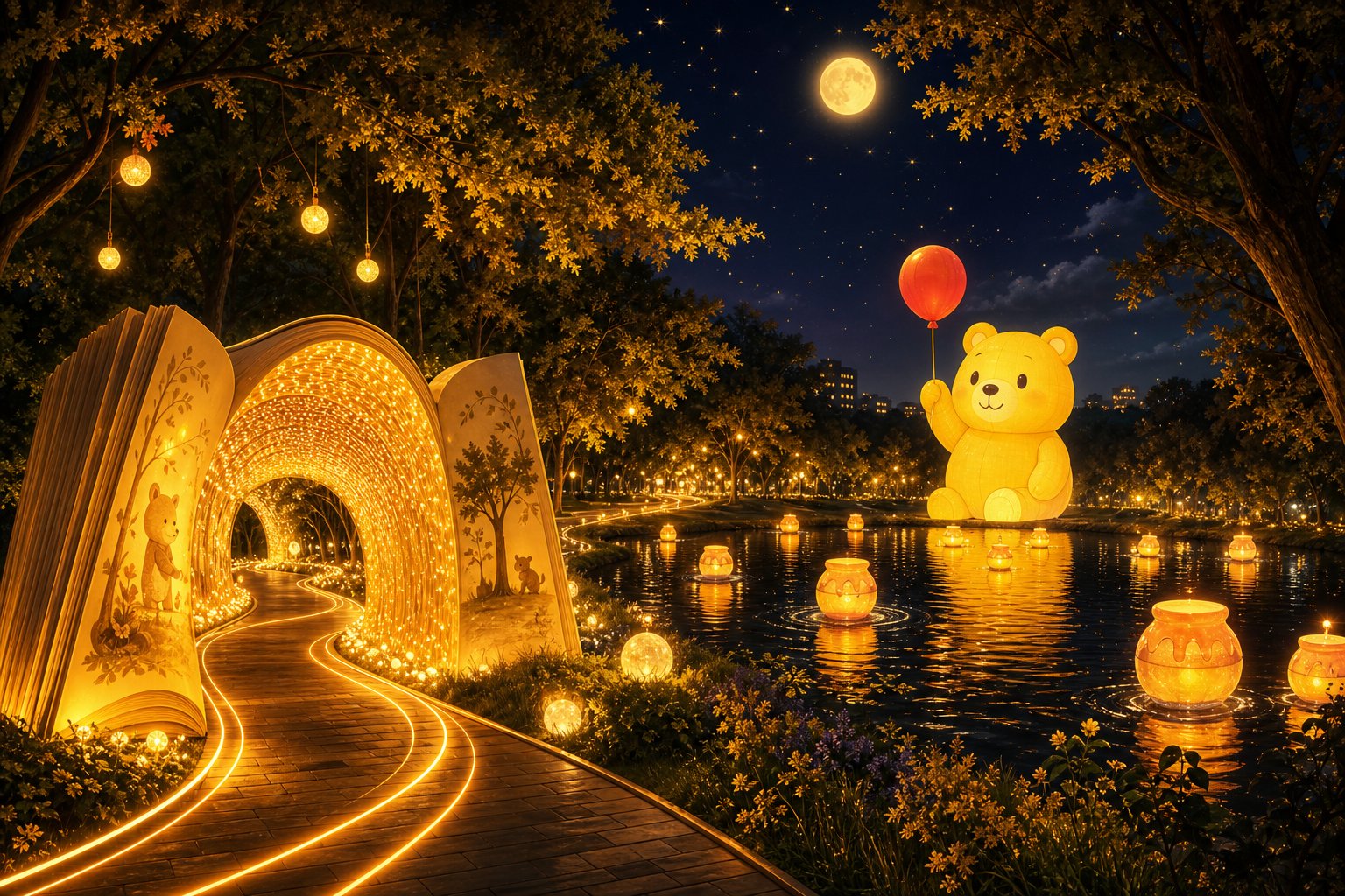 北香湖公園光影森林夜間全景,湖畔巨型維尼氣偶與光影裝置倒映水面(AI 生成示意圖)