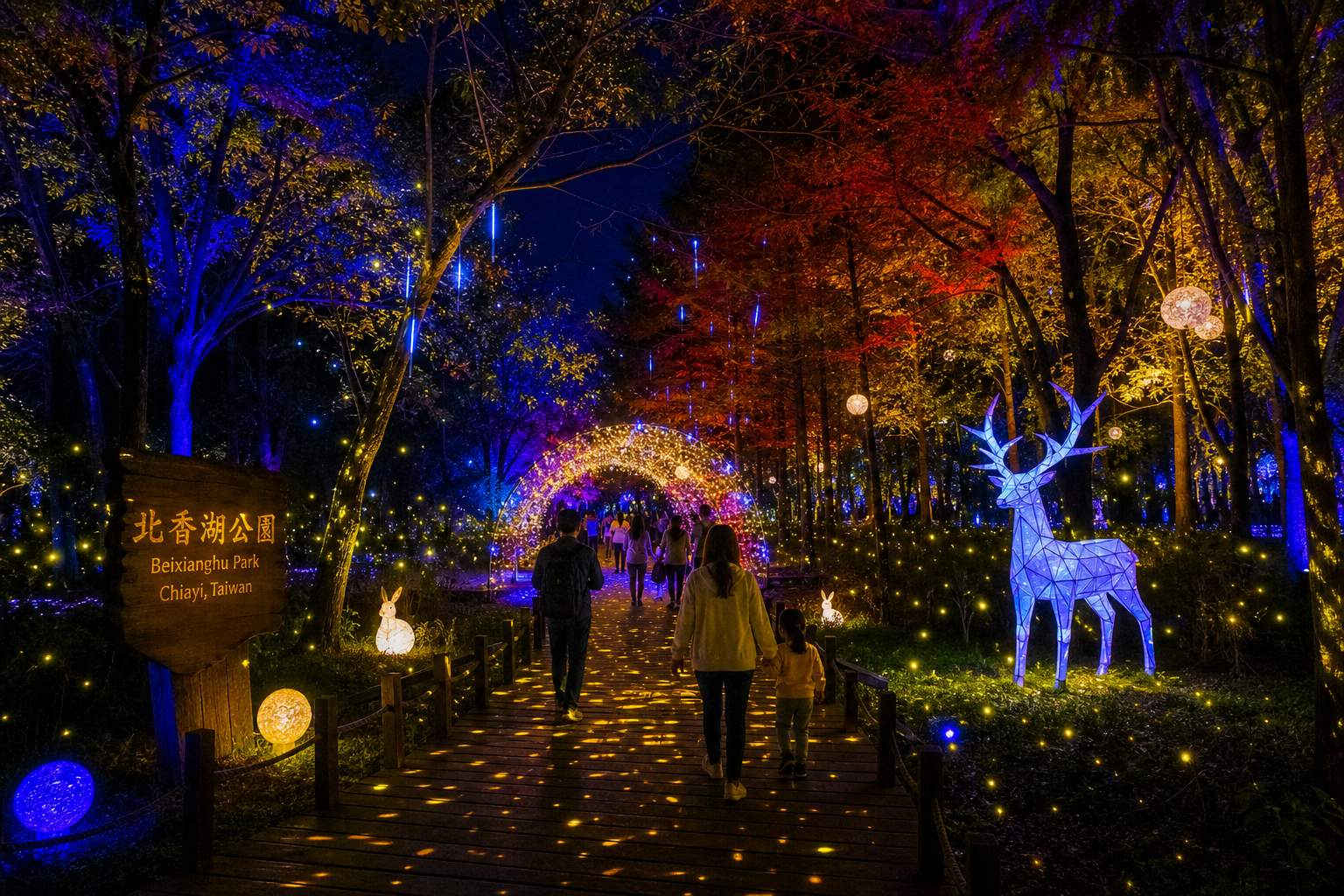 北香湖公園光影森林夜間步道，LED 燈光裝置與螢火蟲燈海（情境示意圖）