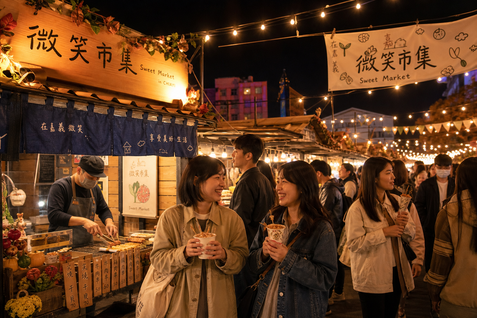 Sweet Market 微笑市集，嘉義在地美食攤位與文創小攤（情境示意圖）