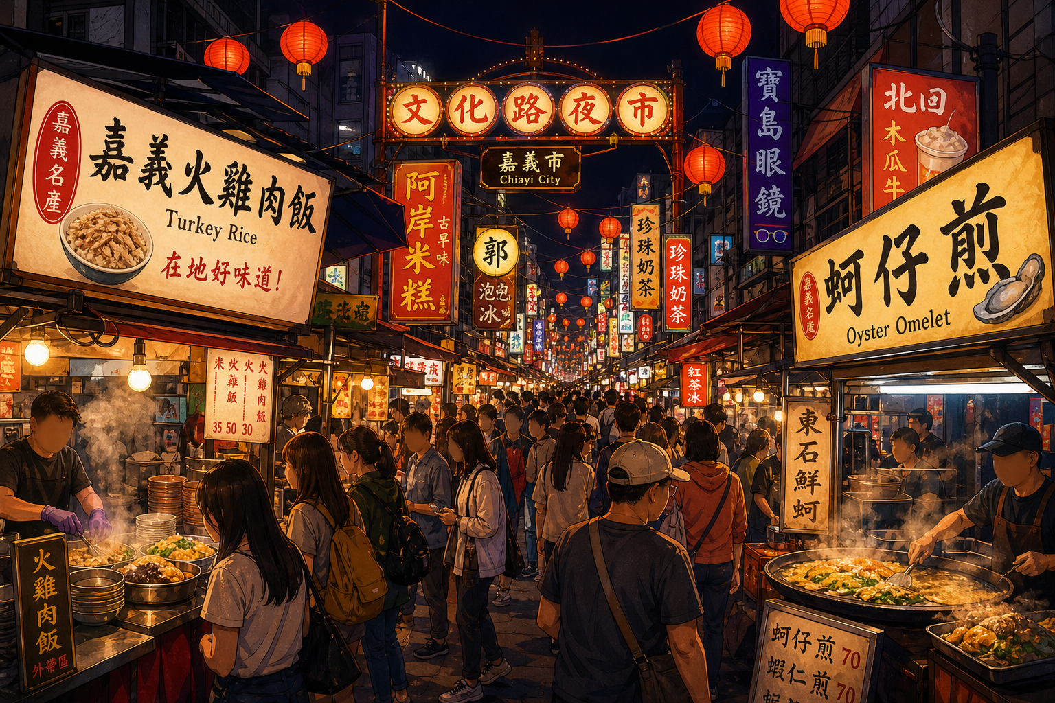 【AI生成示意圖】嘉義文化路夜市，各式小吃攤與熱鬧人潮。
