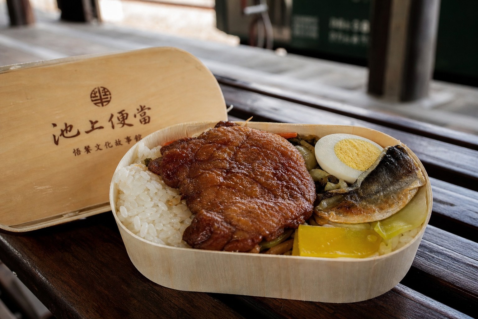 池上鐵路便當:木片飯盒盛著池上米與滷排骨,是池上旅行的經典味道