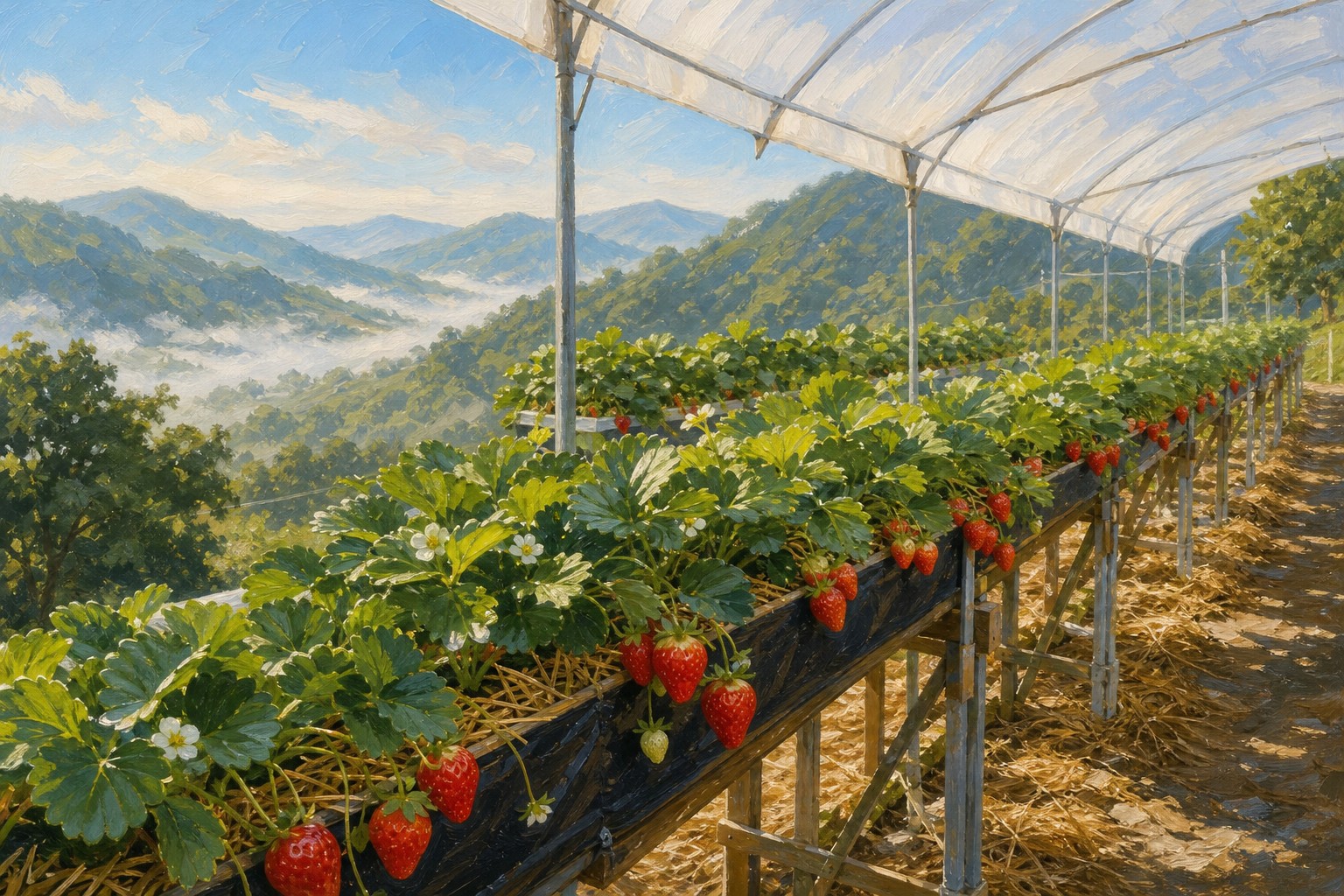 【AI生成示意圖】高架草莓園:架高的栽培槽垂掛鮮紅草莓,白色防雨棚架與群山背景