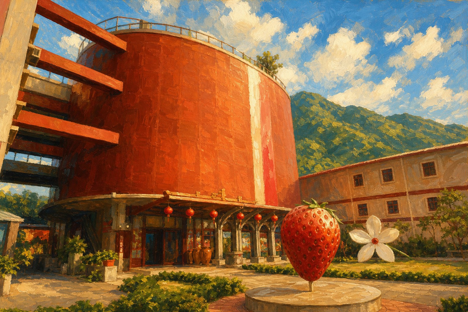 【AI生成示意圖】大湖酒莊與草莓文化館:紅磚色圓筒建築、廣場上的巨型草莓雕塑與白花雕塑,群山環繞