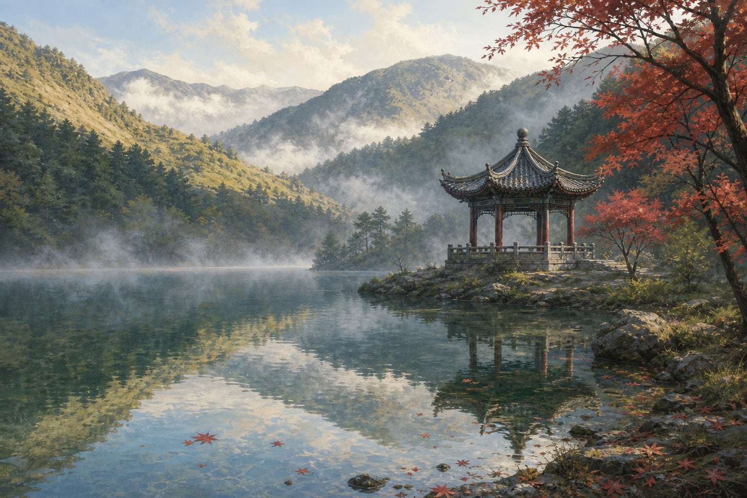 【AI生成示意圖】天池與瑞雪亭，終年不涸的高山湖泊