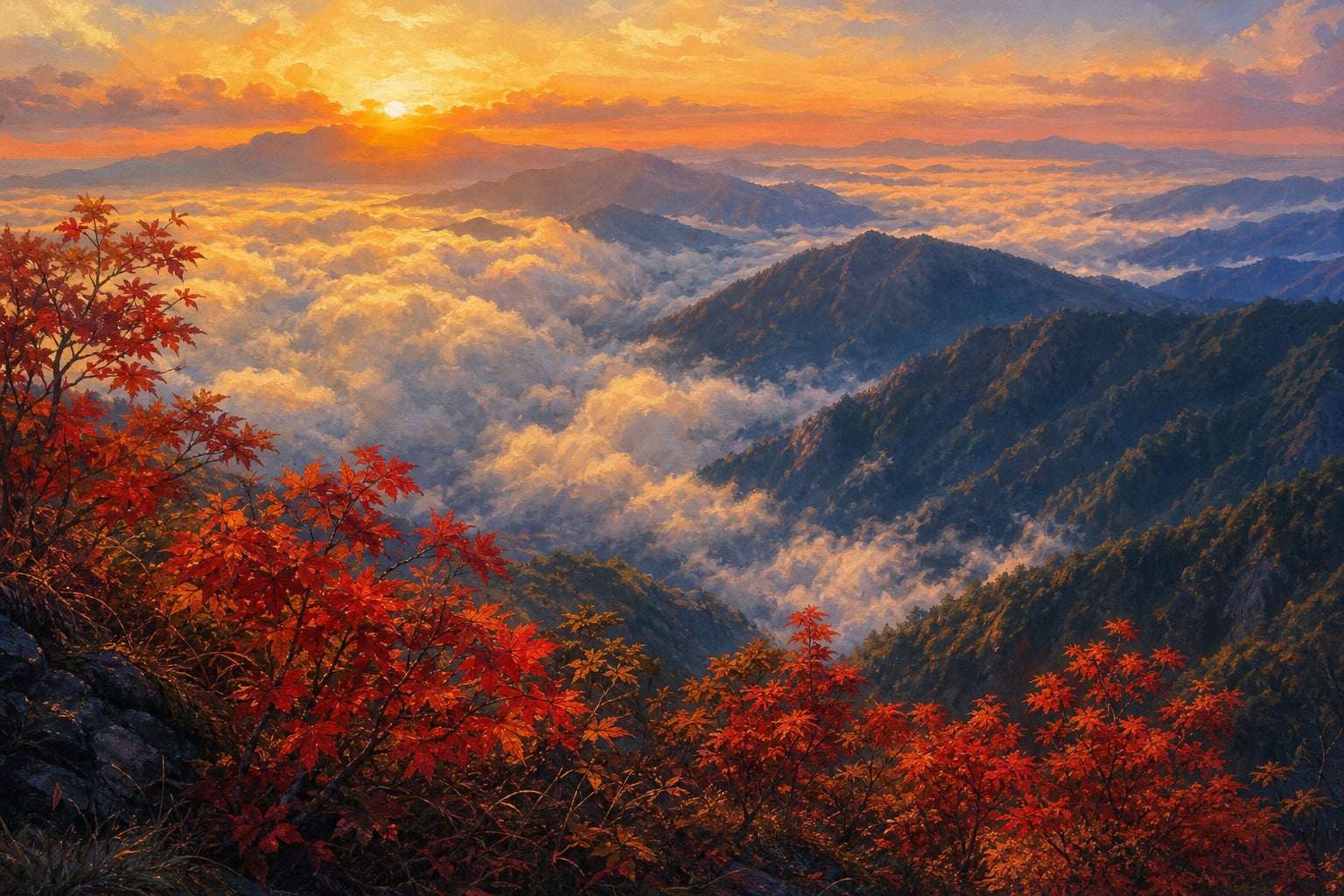 【AI生成示意圖】48K埡口觀景台遠眺雲海與滿山紅榨槭楓紅
