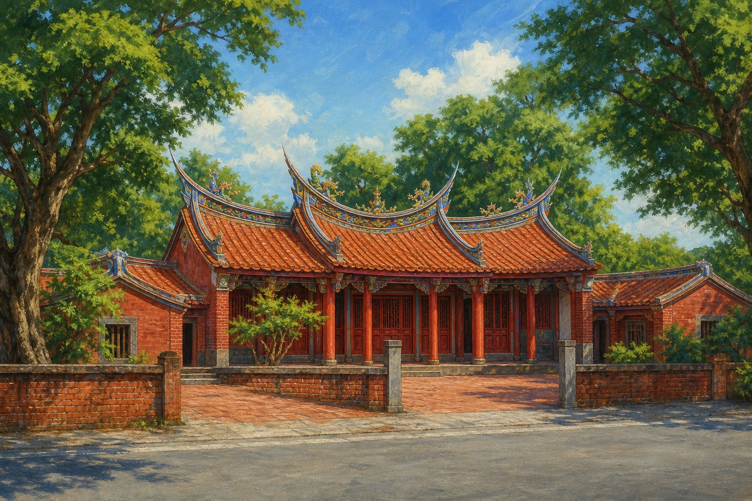 【AI生成示意圖】林先生廟：閩南式紅廟、燕尾脊與紅柱拜亭，紅磚廟埕前綠樹環繞，跑水節主會場所在