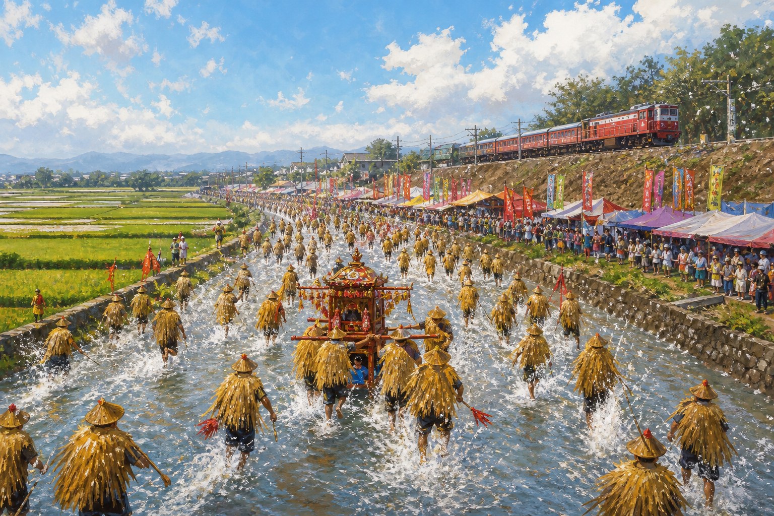 【AI生成示意圖】二水跑水節：人群身披蓑衣在水圳中奔跑濺起水花，神轎同行祈福，兩旁稻田與集集線小火車相襯