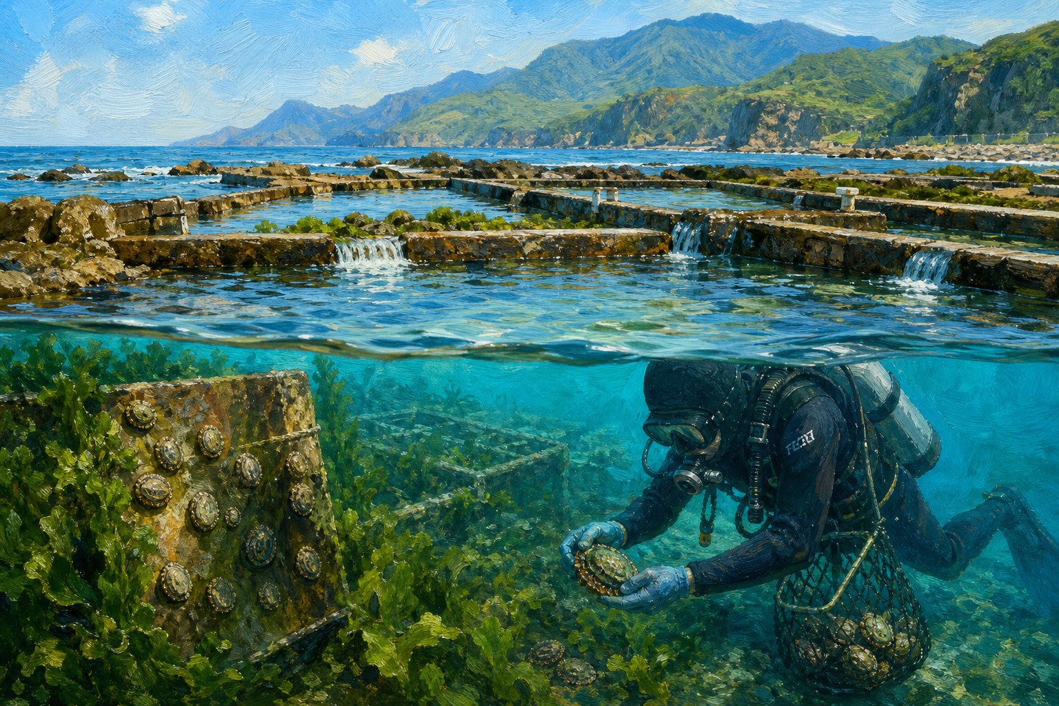 【AI生成示意圖】貢寮鮑潮間帶養殖:海岸養殖池隨潮汐進水,海菜茂生,潛水員手持壓舌板在池中人工採收九孔鮑