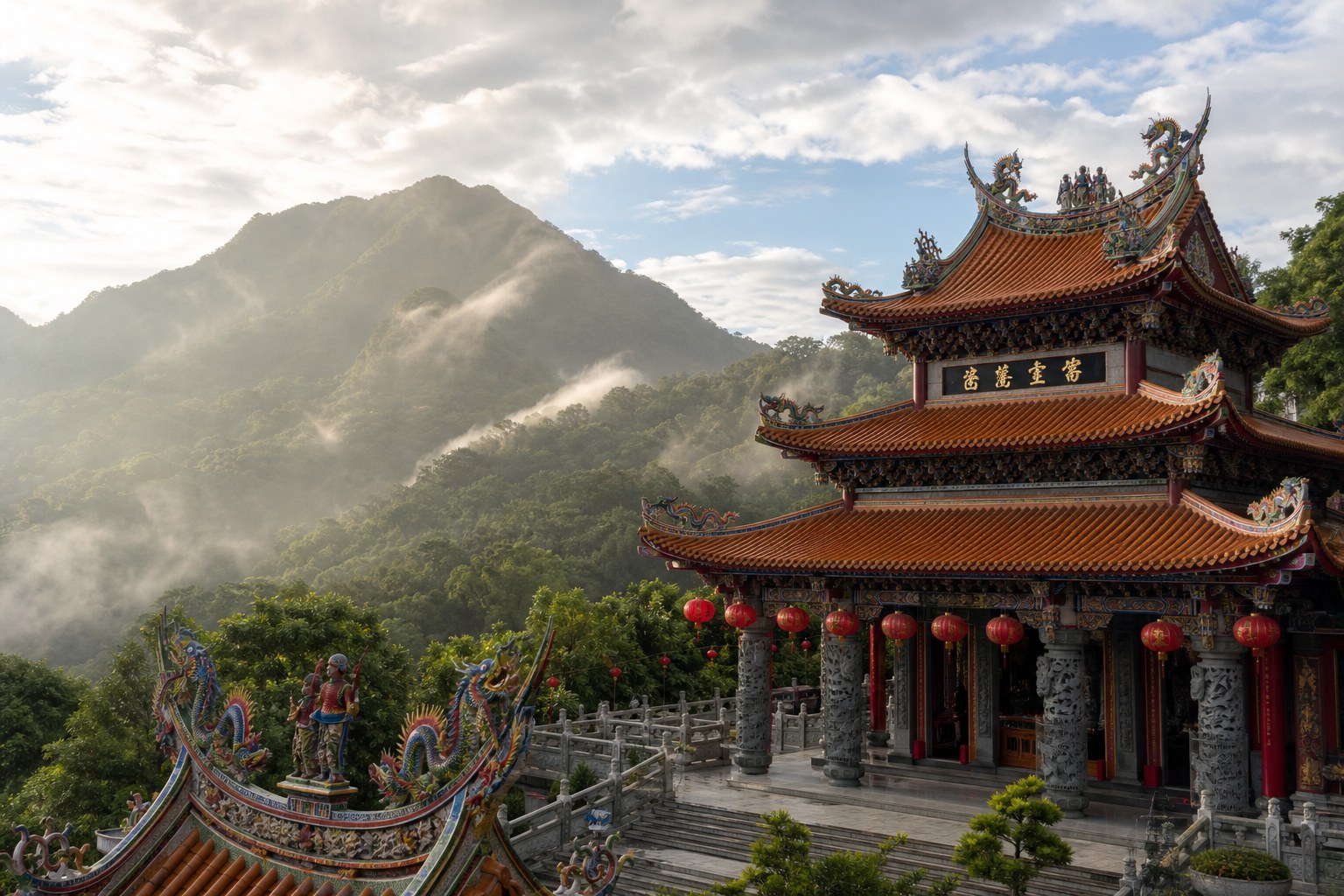 火山碧雲寺座落在枕頭山上,廟宇屋簷層疊、視野開闊(AI 生成示意圖)
