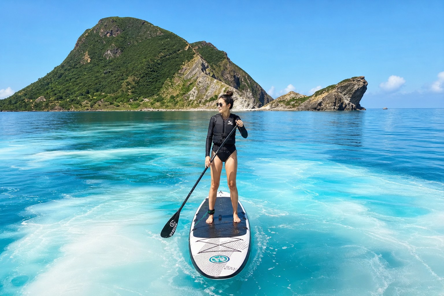 牛奶海 SUP：海底溫泉染出的蒂芬妮藍漸層海面，龜山島火山地貌為背景（AI 生成示意圖）