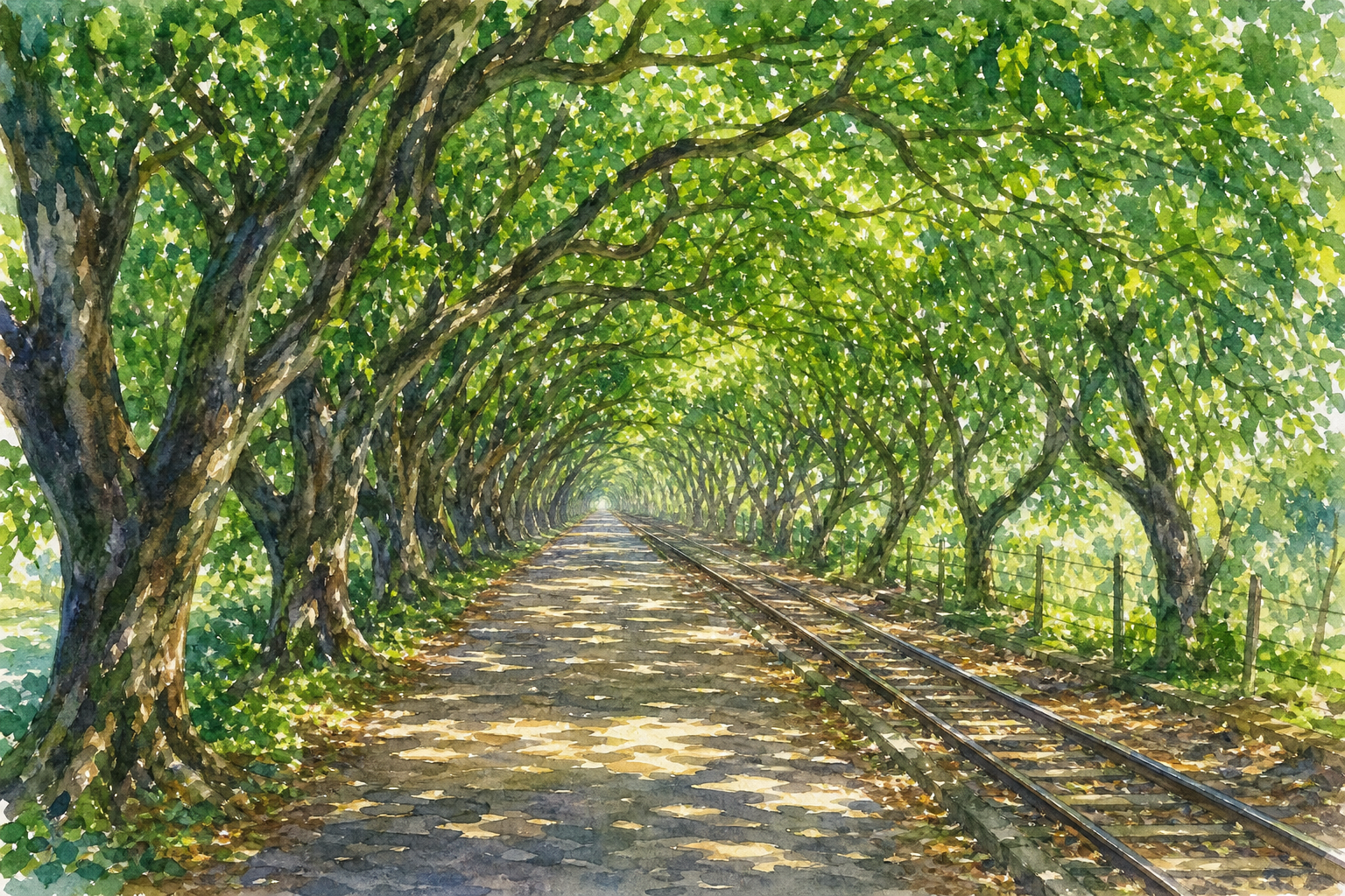 古坑綠色隧道,兩旁芒果樹形成天然綠色隧道,鐵軌步道伴隨,陽光灑落