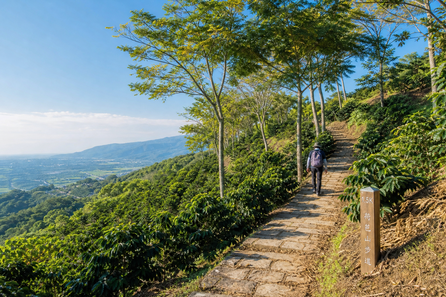 【AI生成示意圖】荷苞山步道：阿拉比卡咖啡樹與油桐樹交錯的山坡，石階步道通往「咖啡山」山頂