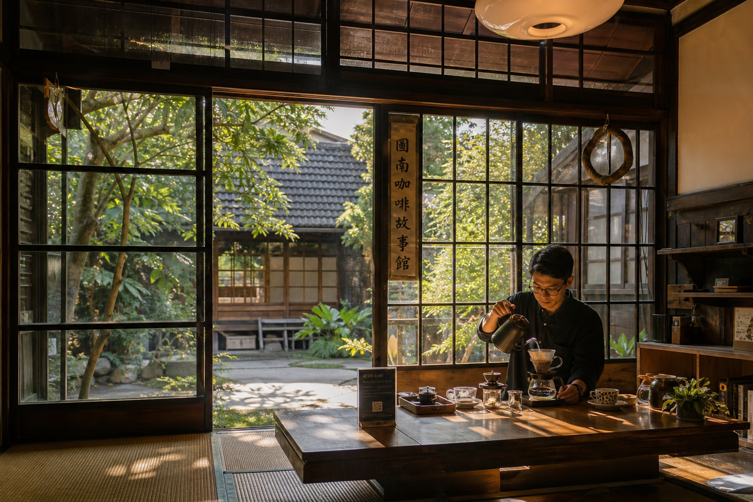 【AI生成示意圖】斗六圖南咖啡故事館：昭和風日式老宿舍改建的咖啡館，綠蔭庭院與榻榻米空間