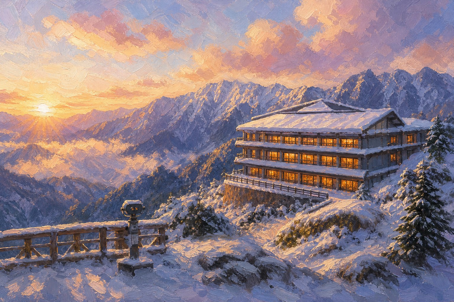 【AI生成示意圖】松雪樓雪景：海拔 3,150 公尺的全台最高旅館，冬日積雪覆蓋屋頂與山坡，遠方奇萊連峰雪稜