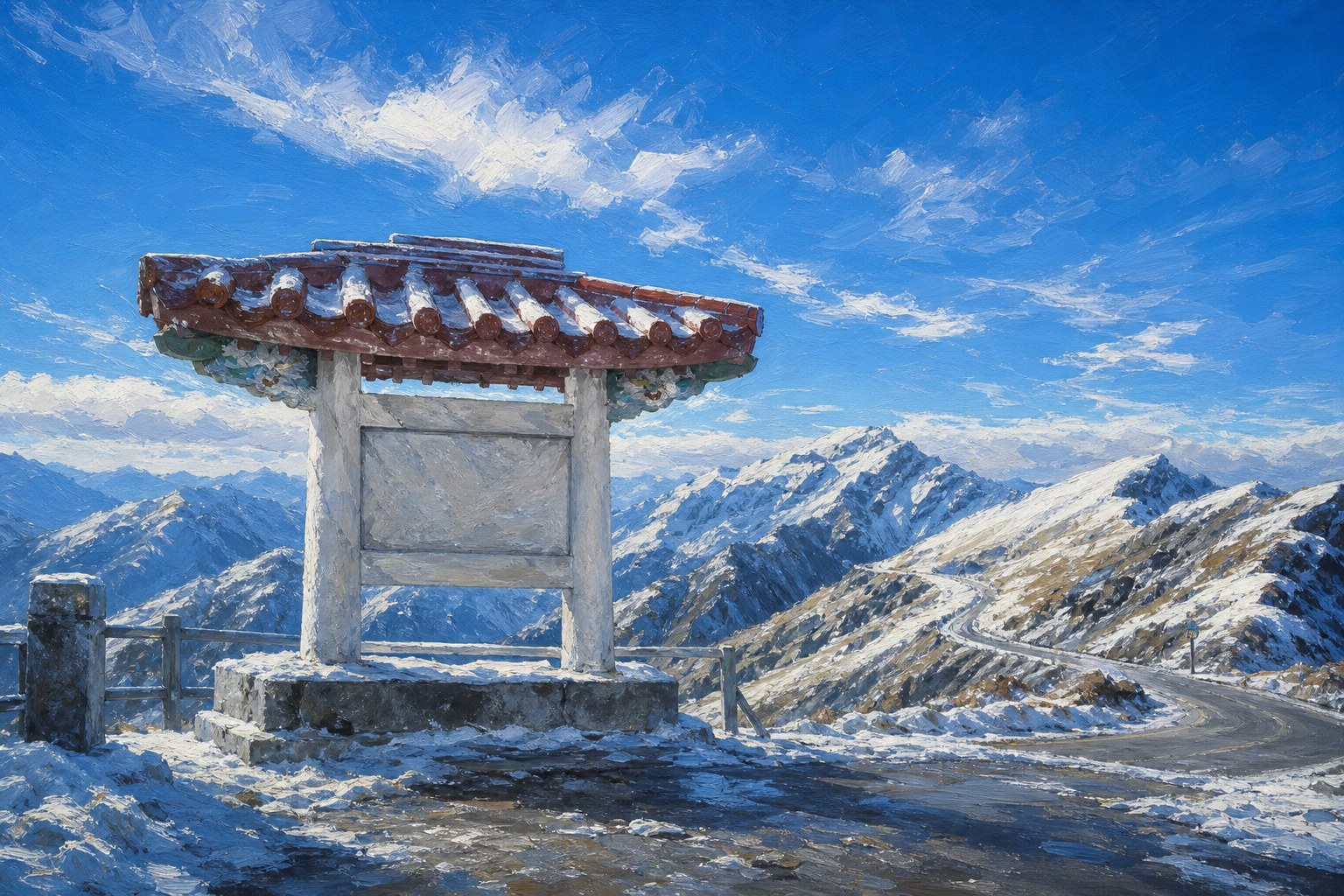 【AI生成示意圖】武嶺牌樓：台灣公路最高點 3,275 公尺，冬季積雪的合歡山公路與拱門地標，遠眺中央山脈雪稜