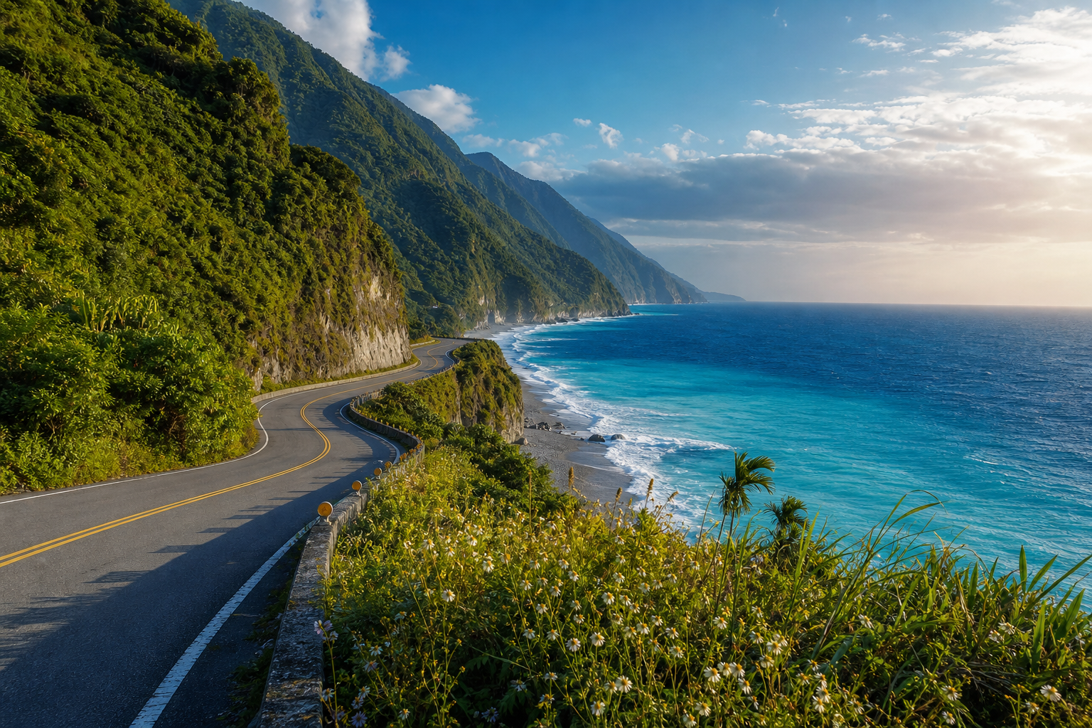 台11線海岸公路蜿蜒在太平洋與中央山脈之間，是台灣最美的濱海公路之一