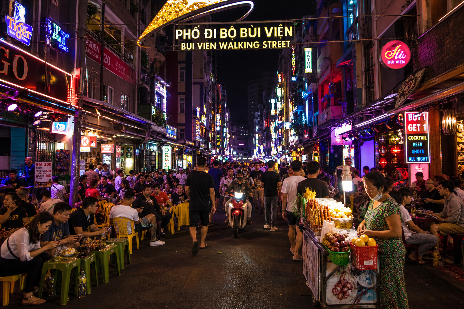 范五老街 Bui Vien 步行街夜景（AI生成示意圖）