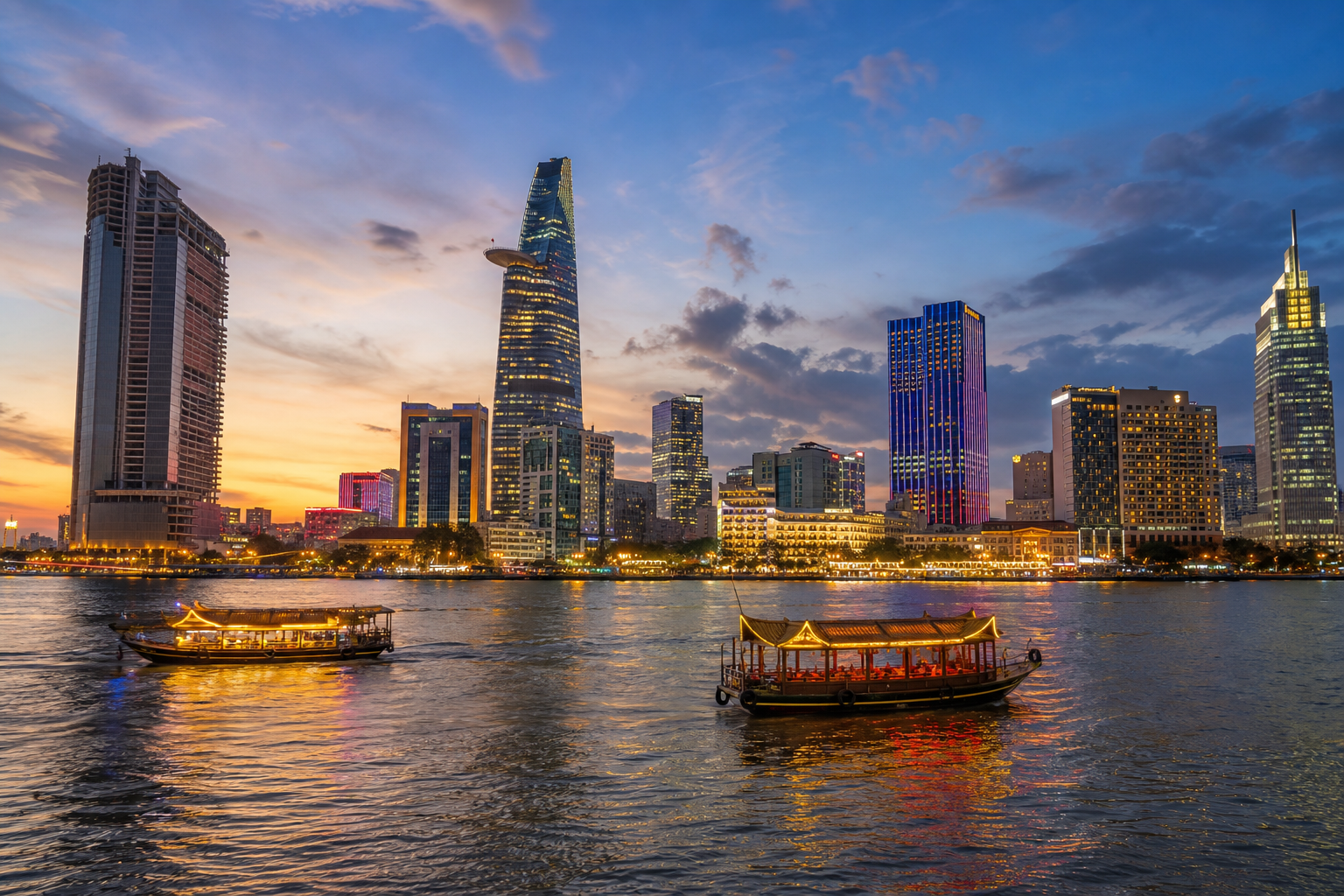 西貢河畔天際線夜景（AI生成示意圖）