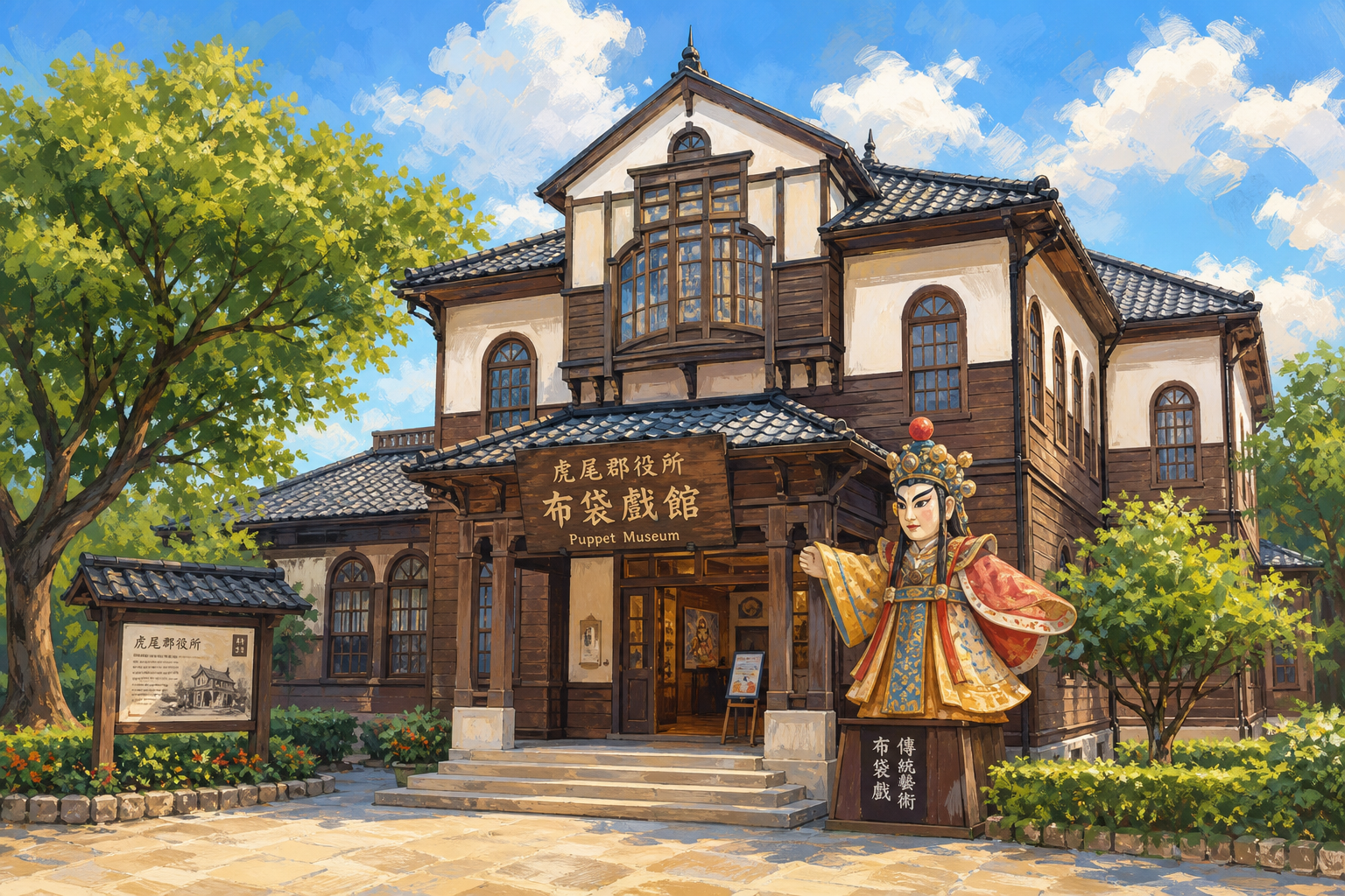 虎尾布袋戲館外觀,日治時期郡役所建築,二層半木造廳舍,黑瓦白牆