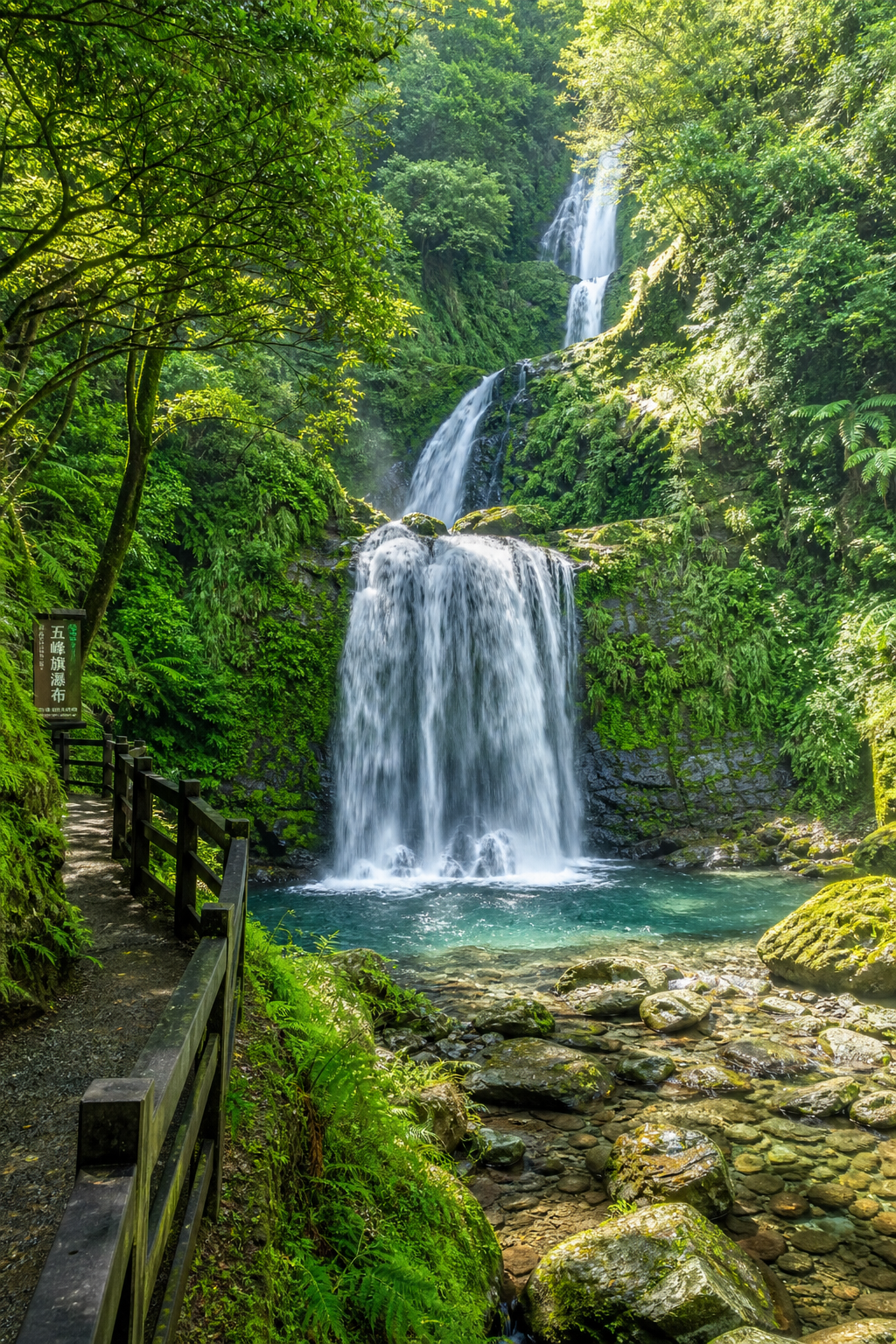 五峰旗瀑布三層水簾奔騰而下,週遭綠意盎然,水花飛濺