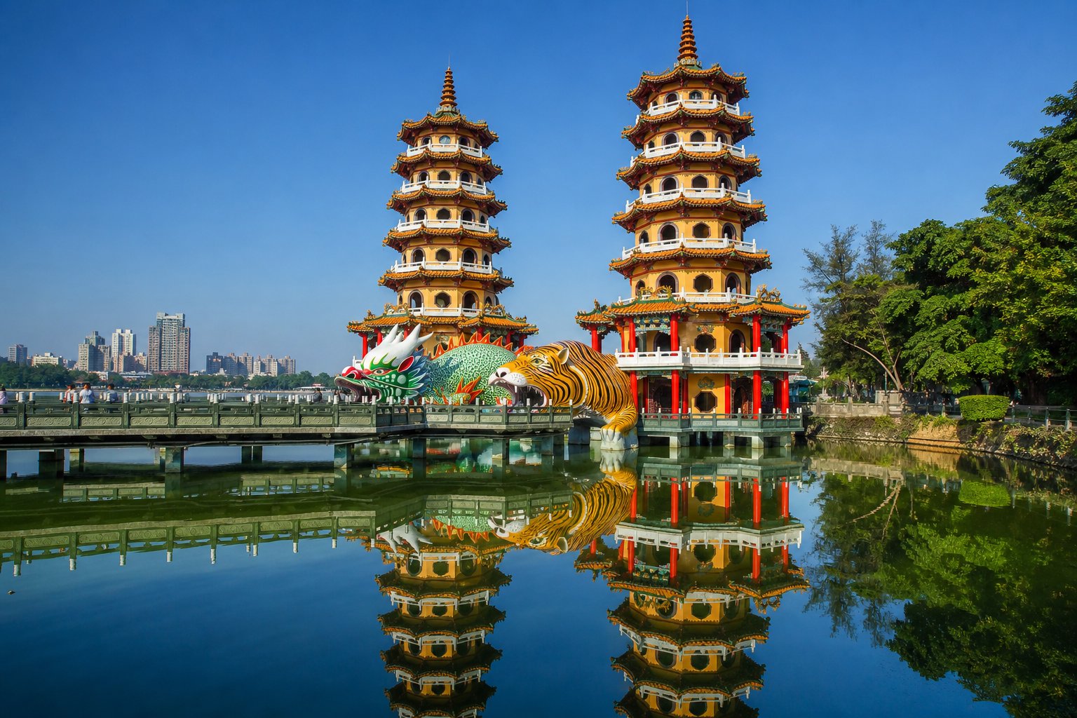Dragon and Tiger Pagodas rising from Lotus Pond in Kaohsiung, vivid orange and green pavilions reflected in the calm water under a clear sky