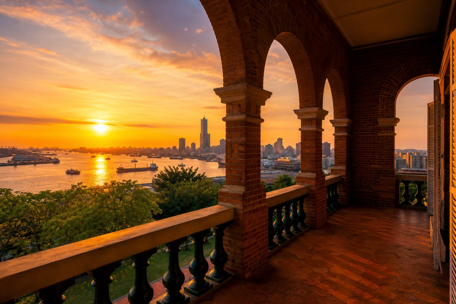 Golden sunset over Kaohsiung Harbor seen from the red-brick Takao British Consulate mansion, colonial veranda columns silhouetted against the sea, cargo ships and the 85 Sky Tower in the distance