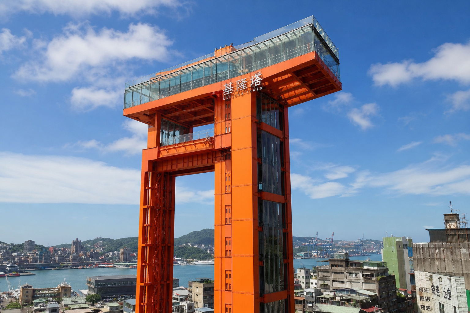 基隆塔以橋式起重機為設計靈感，亮橘色外觀是基隆港邊最醒目的地標；2026年4月起閉館整修