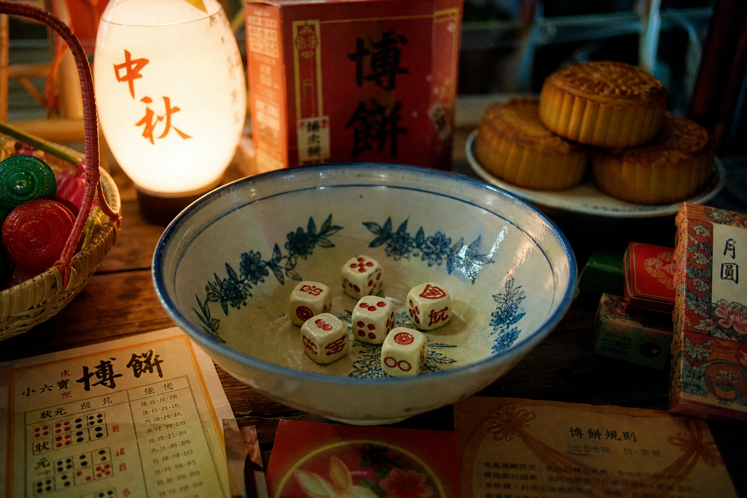 博餅場景：大碗公中的骰子與周圍的彩品，傳統中秋氛圍（AI 生成示意圖）