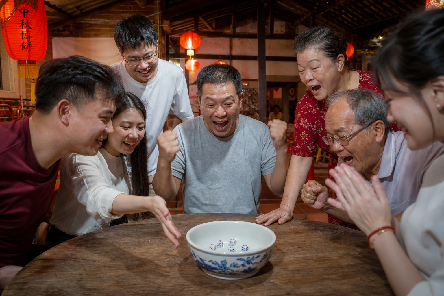 眾人圍桌博餅的歡樂場景（AI 生成示意圖）
