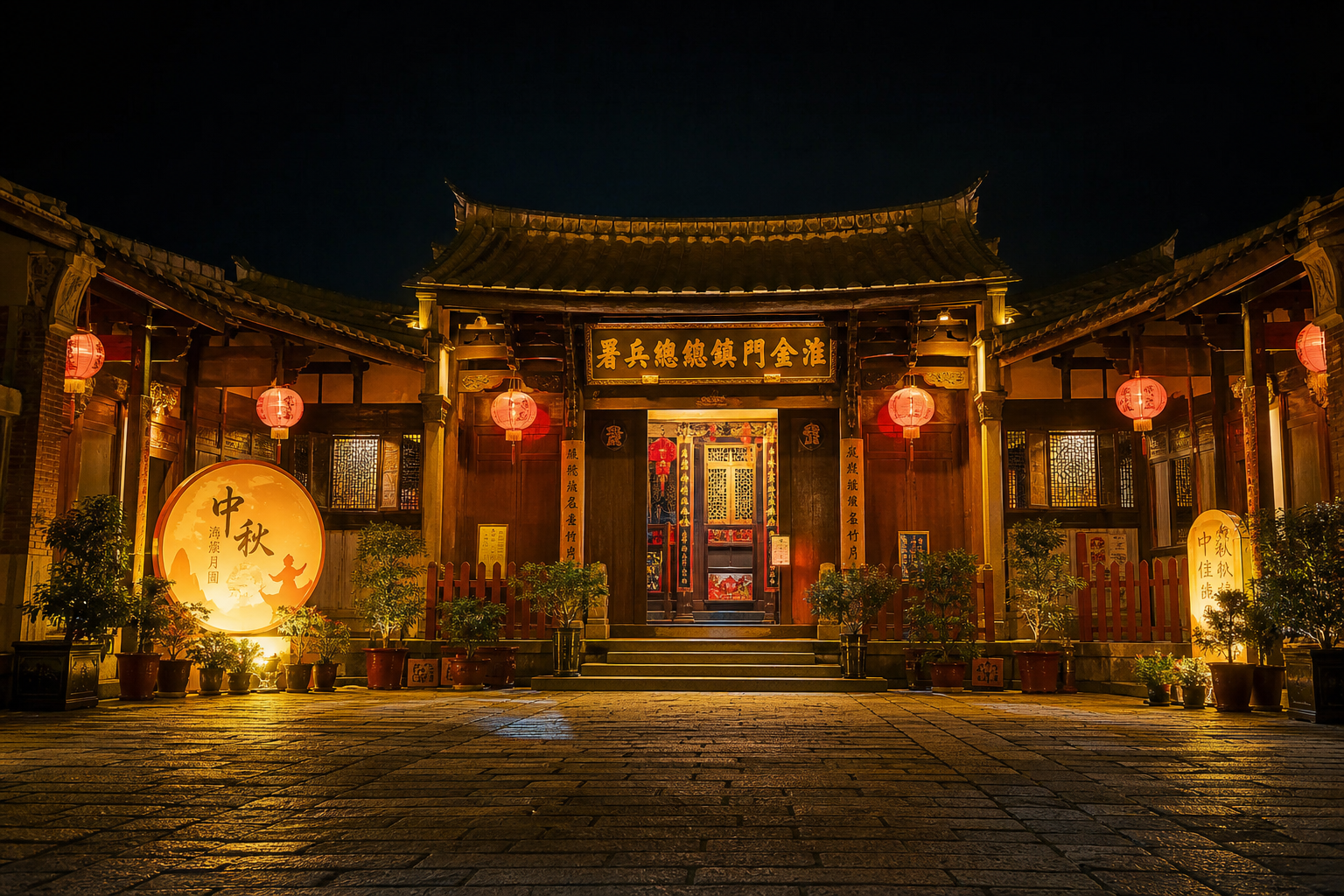 清金門鎮總兵署夜間燈籠裝飾，活動主場地（AI 生成示意圖）