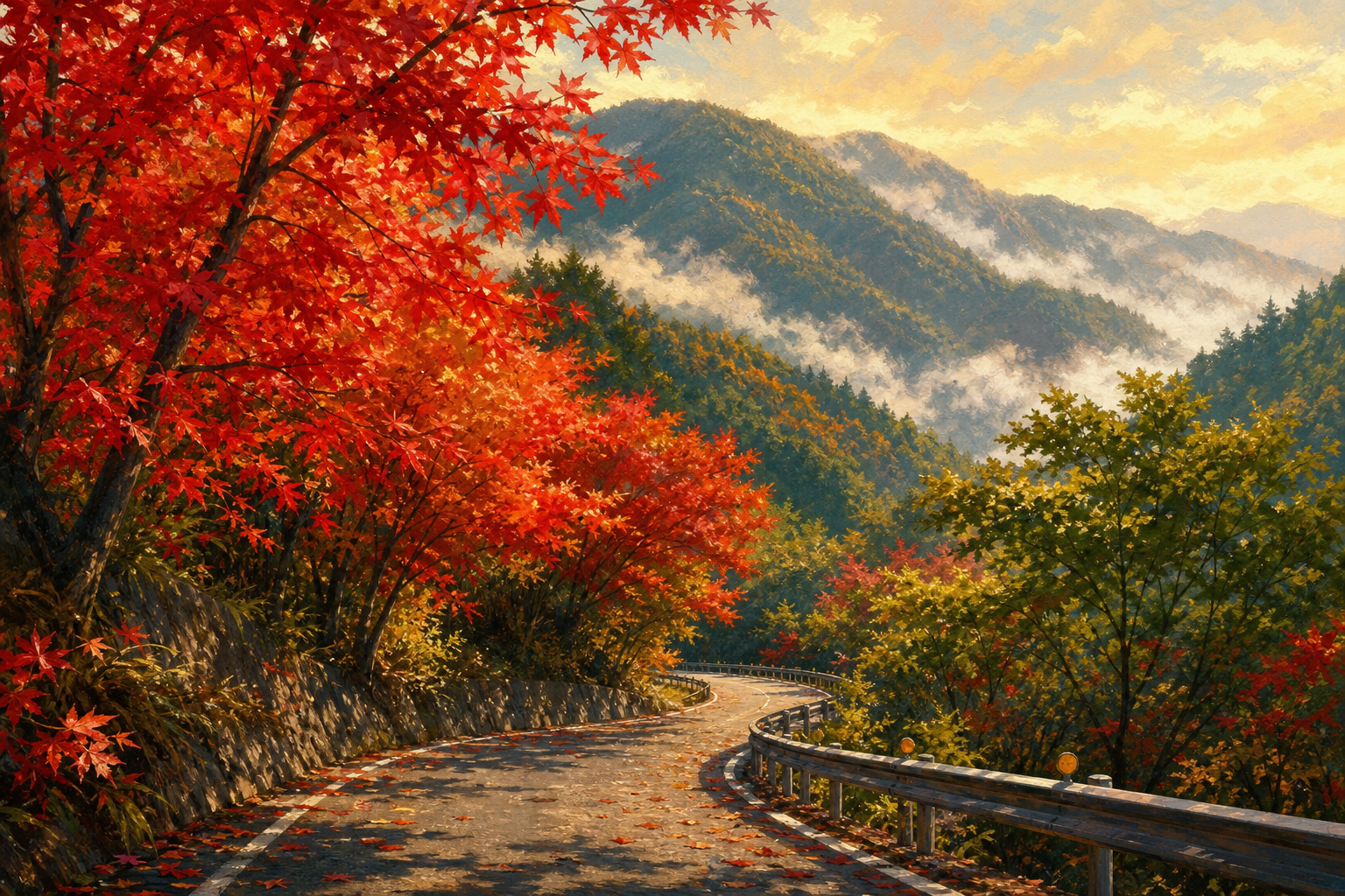 【AI生成示意圖】北橫山路旁楓紅轉色,蜿蜒公路與滿山秋彩、谷間雲霧