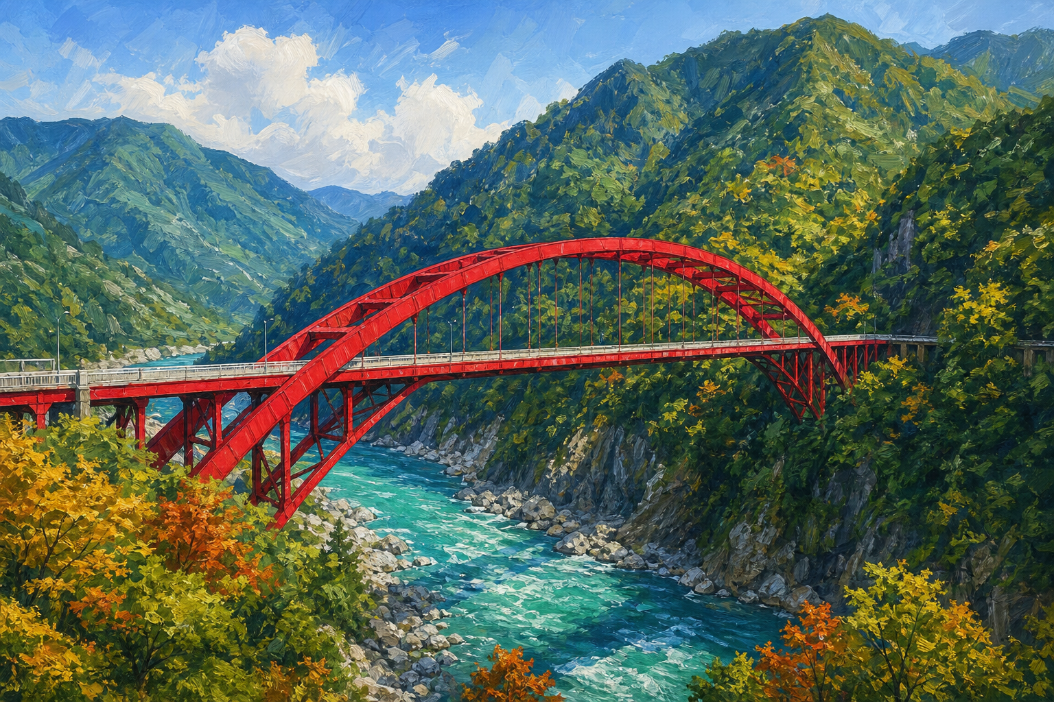 【AI生成示意圖】台 7 線北橫巴陵橋:紅色鋼拱橋跨越碧綠溪谷的經典地標
