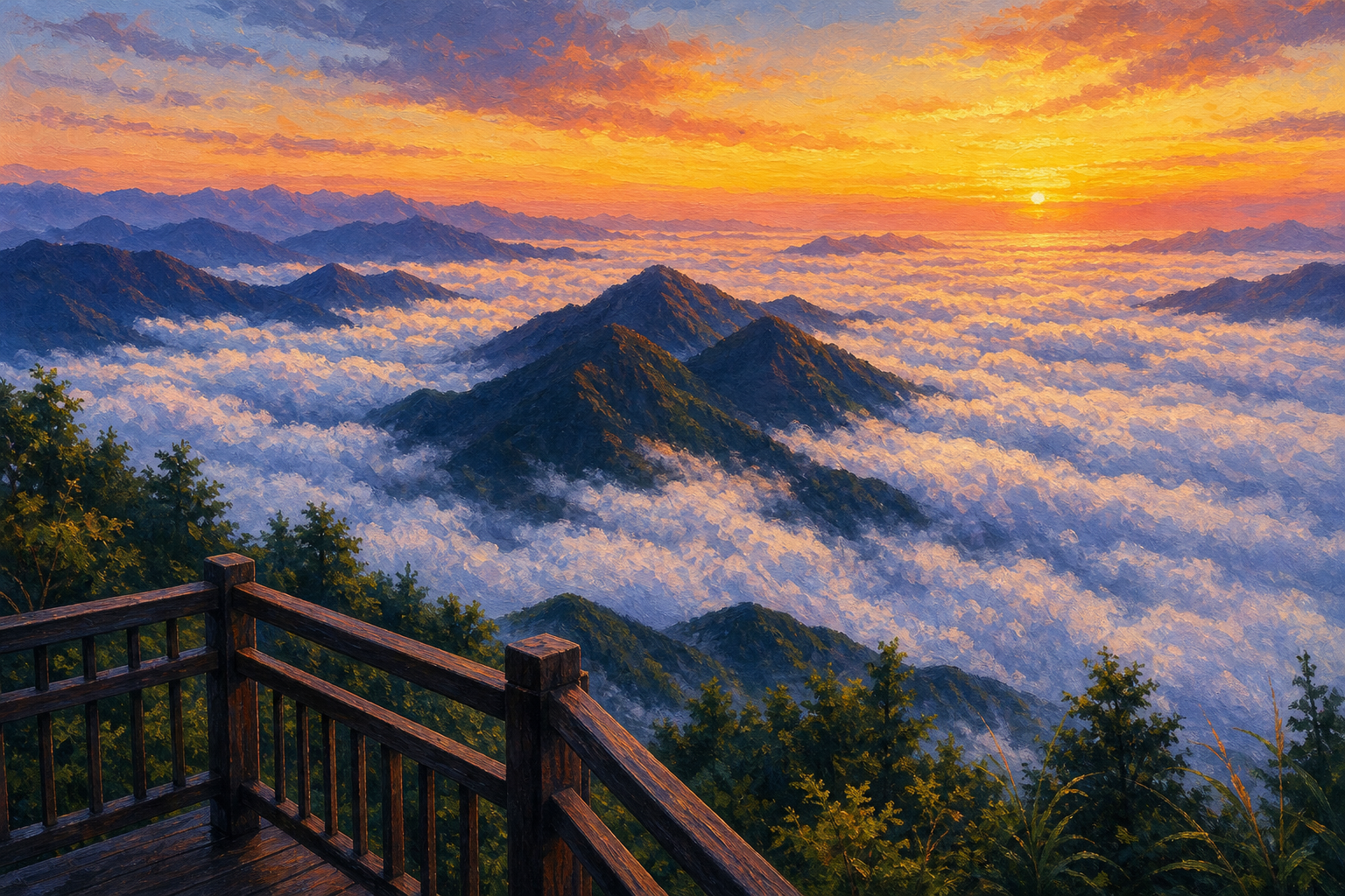 【AI生成示意圖】上巴陵晨間日出雲海,觀景台前雲海如浪、群峰如島