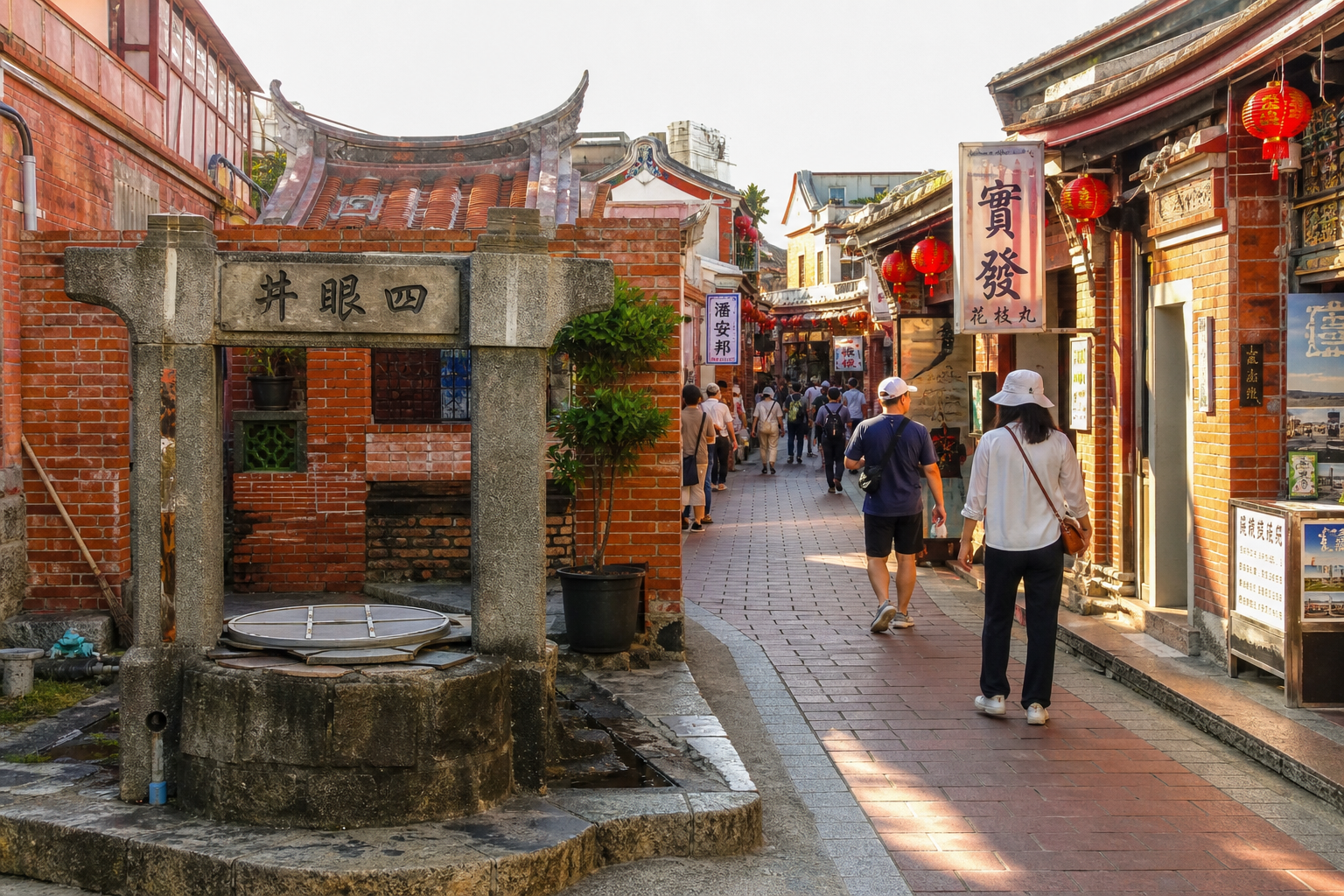 馬公中央老街的紅磚巷弄與四眼井,百年歷史街區充滿澎湖人文風情(情境示意圖)