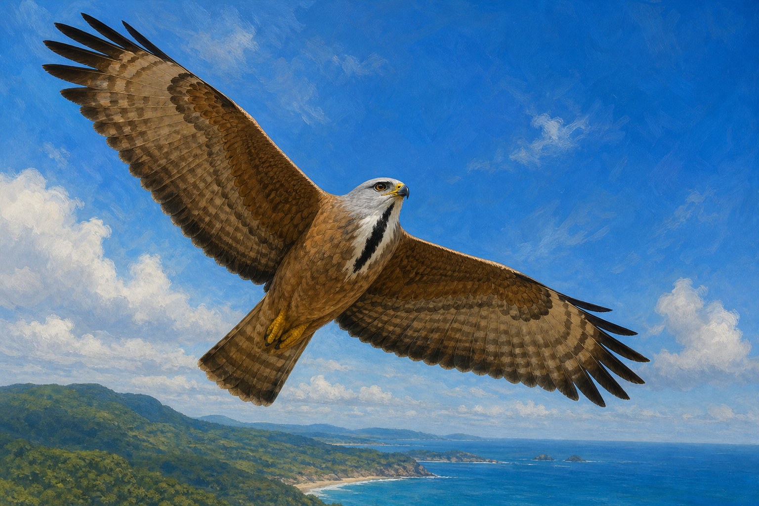 【AI生成示意圖】灰面鵟鷹翱翔：白眉與喉部中央黑色喉線是辨識重點，展翅寬度約為赤腹鷹兩倍
