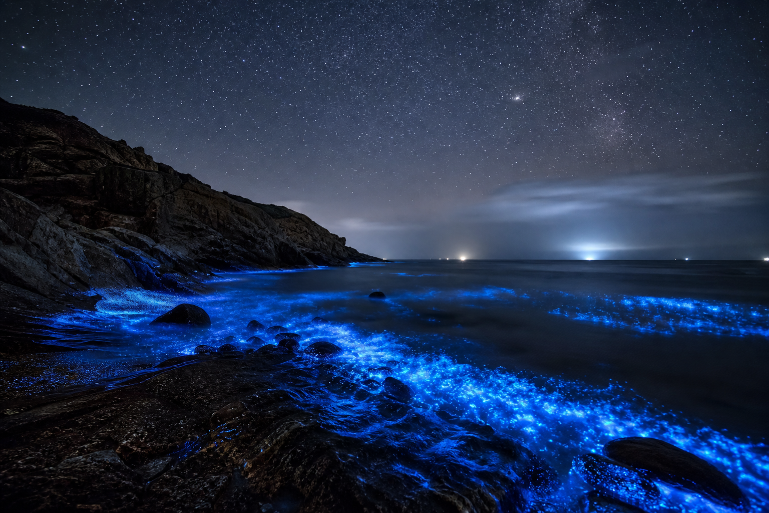 馬祖藍眼淚夢幻夜景，海浪拍打礁石激起藍色螢光