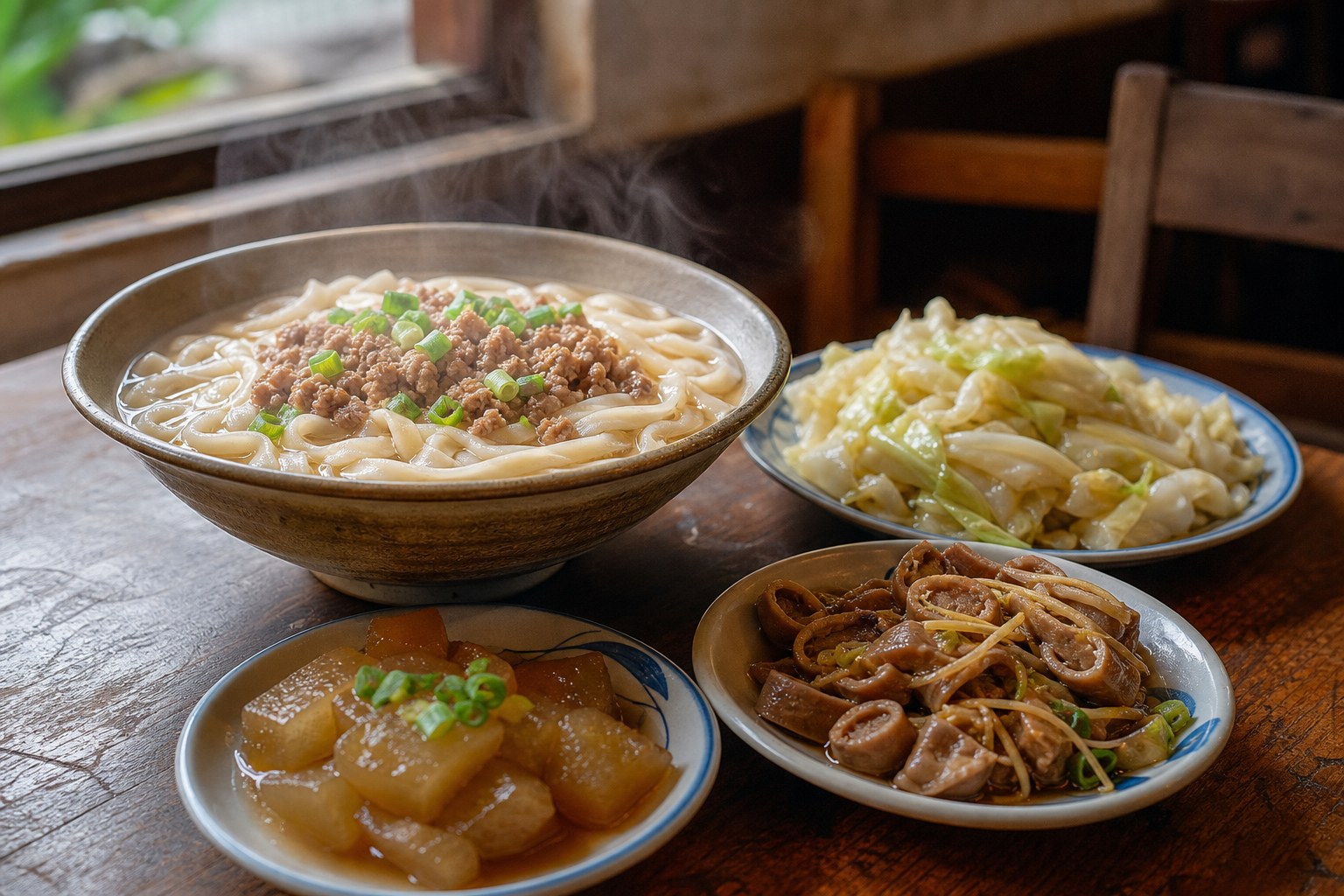 美濃客家菜:湯粄條配高麗菜封、冬瓜封與薑絲大腸,是客家小鎮的標準吃法(情境示意圖)