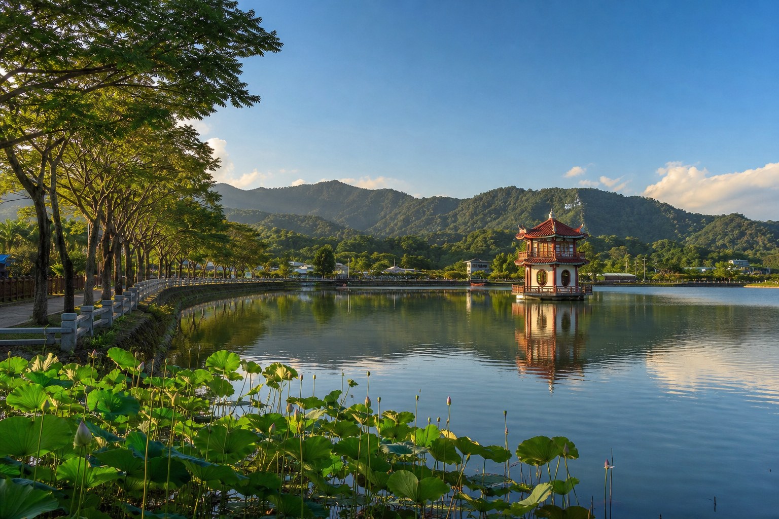 美濃湖:湖中央的朱紅中正亭與山影倒映,是美濃最經典的風景(情境示意圖)
