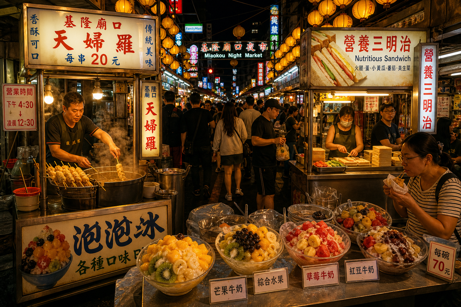廟口夜市夜晚人潮鼎沸，營養三明治、泡泡冰、天婦羅是必吃經典